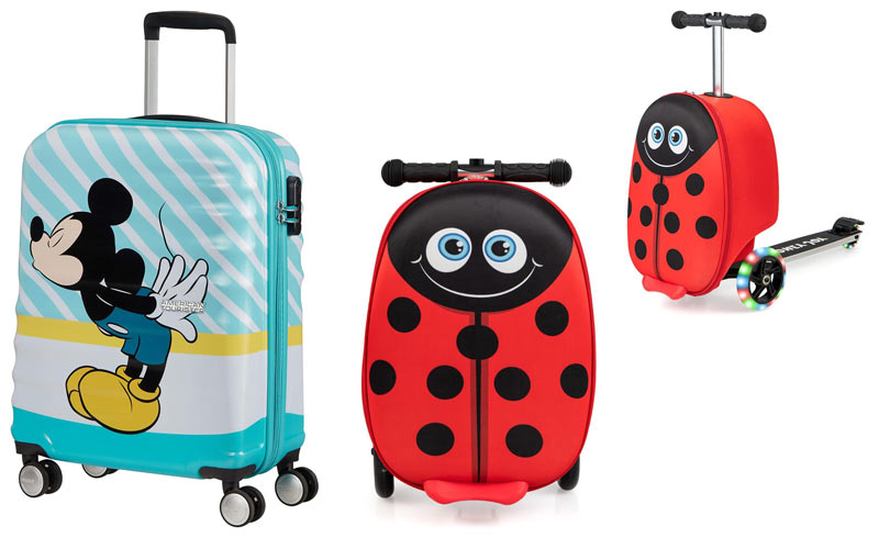 maleta con Mickey Mouse y maleta con diseño de mariquita