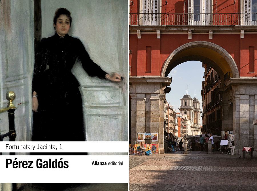 Libro Fortunata y Jacinta y fotografía de la Puerta de la calle Toledo en la Plaza Mayor de Madrid. 