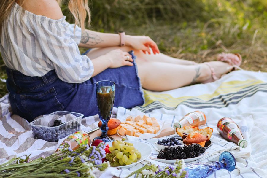 picnic con queso, frutas y vino