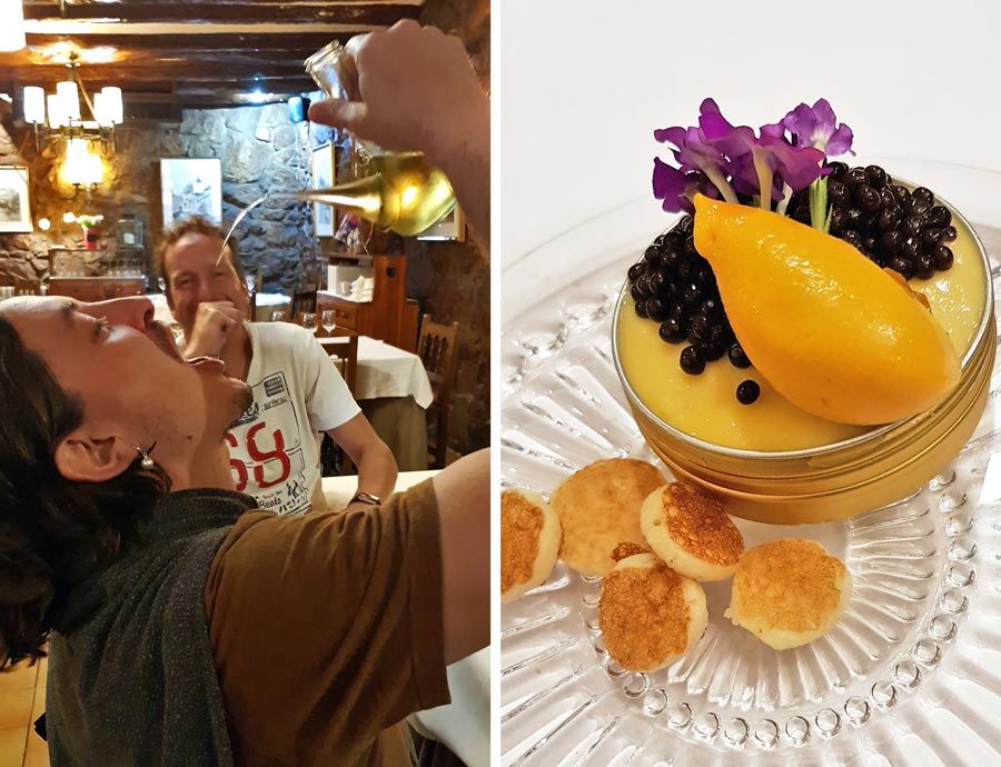 bebiendo a porron en can mariano y postre de mango y caviar en hotel pessets