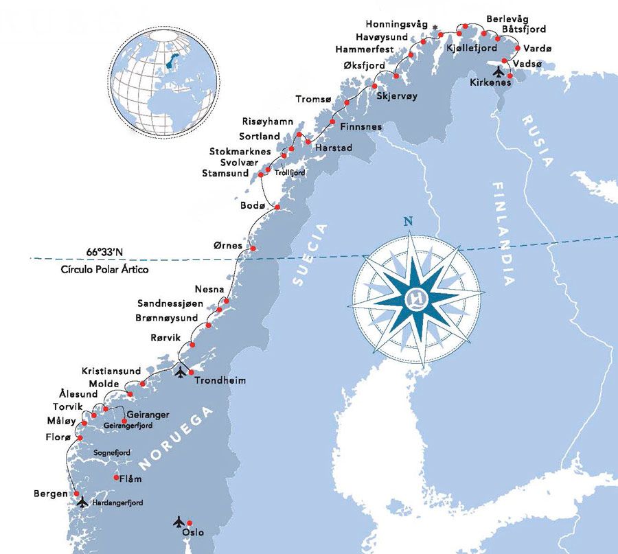 Recorrido del Hurtigruten por la costa de Noruega