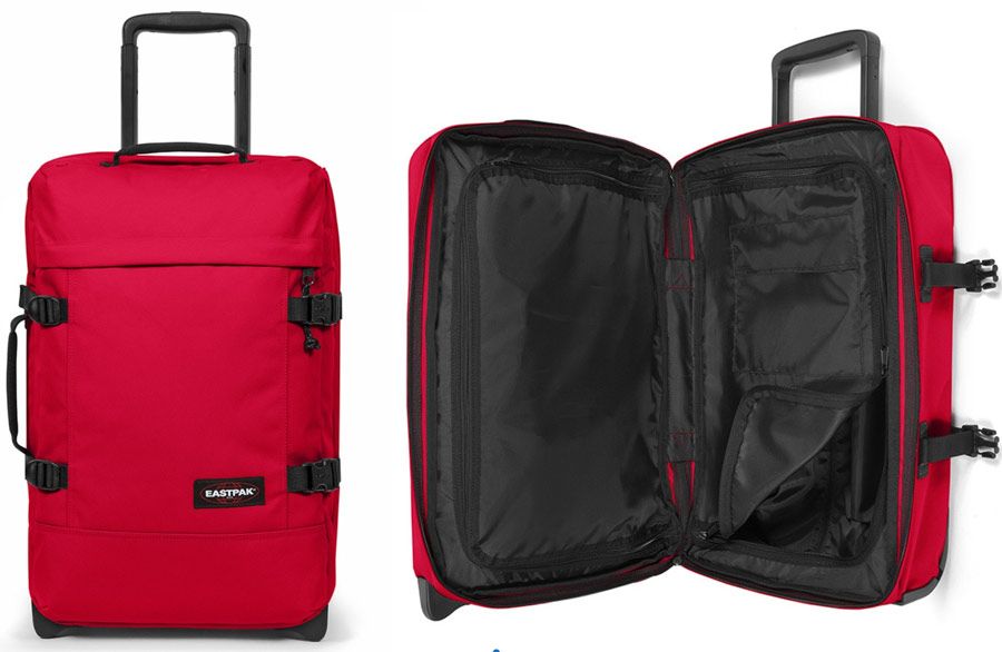 Interior y exterior de una maleta roja de Eastpak, perfecta para madres viajeras.