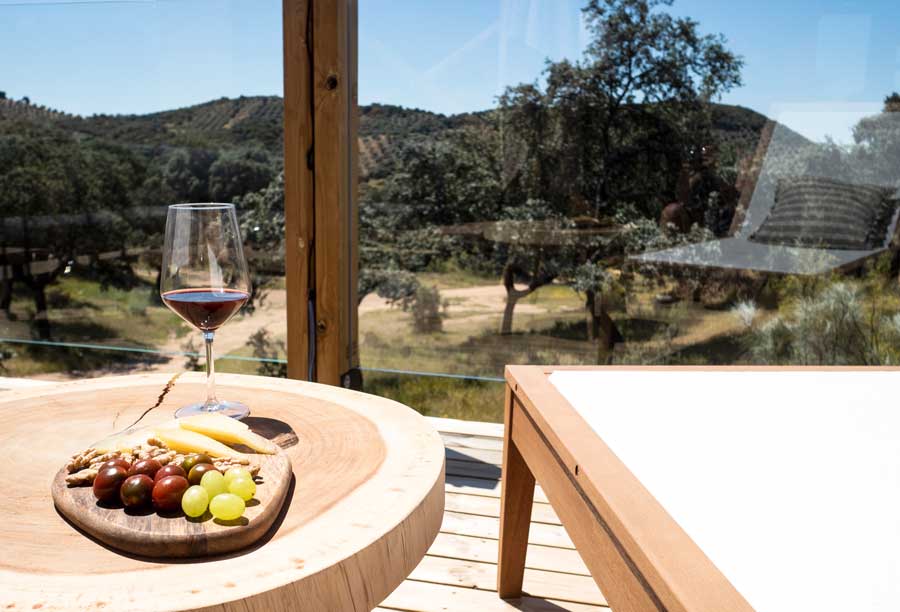 Copa de vino y aperitivo en una terraza de la cabaña de lujo
