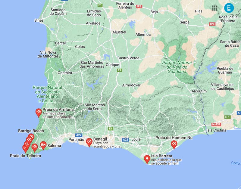 Mapa de playas del Algarve.