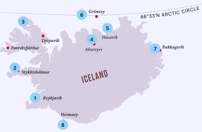 Mapa ruta del Hurtigruten en Islandia.