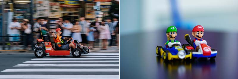 Kart por las calles de Tokio y las populares figuras de Mario Kart. 