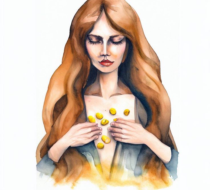 Una mujer aprieta unas chinas amarillas contra el pecho