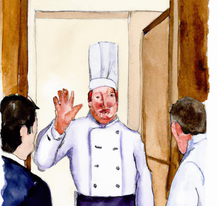 Ilustración con un Cocinero saludando a clientes en un restaurante