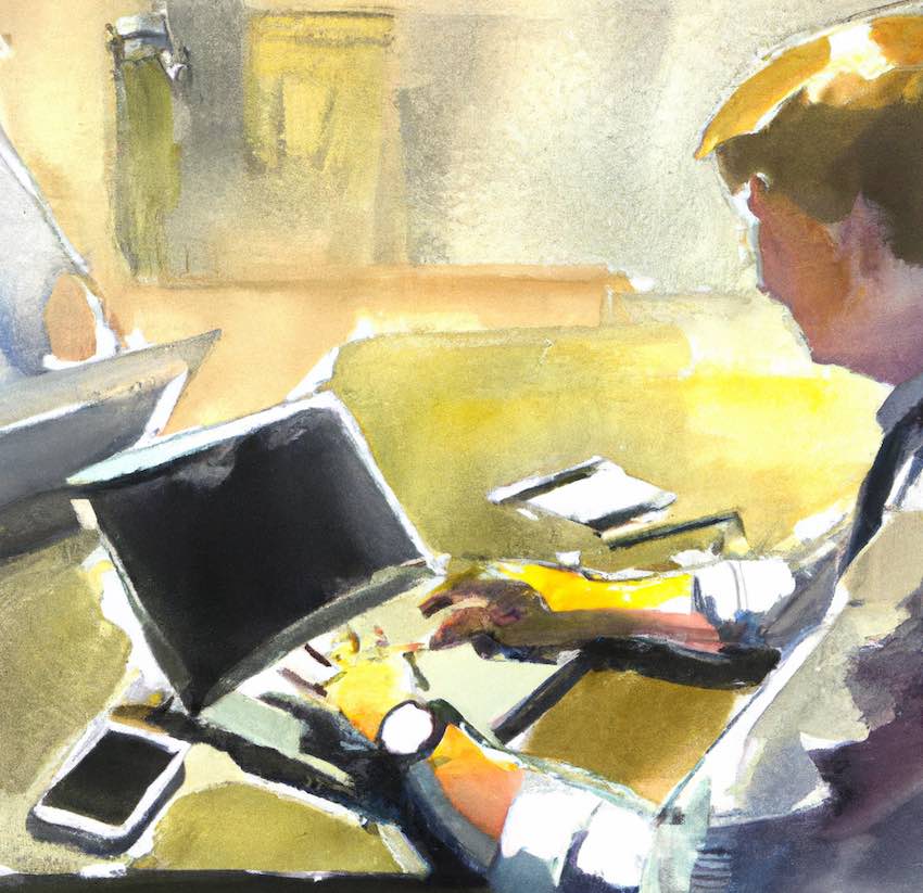 Acuarela con un hombre escribiendo en un ordenador