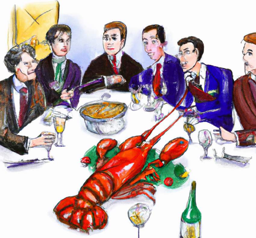 Varios influencers gastronómicos sentados en una mesa en torno a una langosta