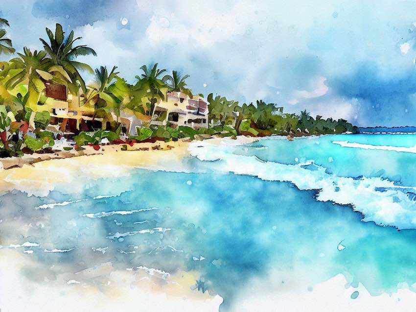 Acuarela con una playa de Riviera Maya