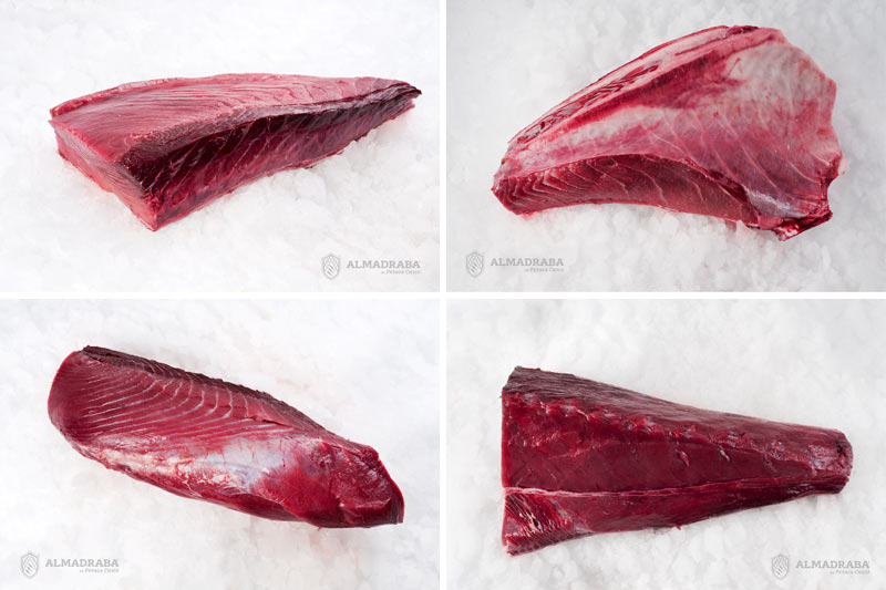 Tarantelo, ventresca, descargado y cola blanca, partes del lomo blanco del atún.
